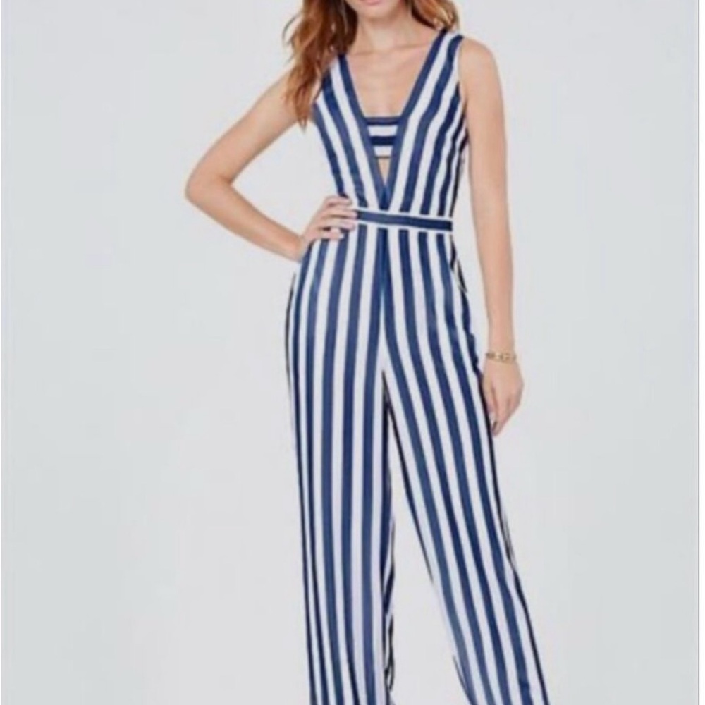 Bebe Women's Blue White Stripe Deep V-Neck Sleeveless Bandeau Jumpsuit Sz 0
